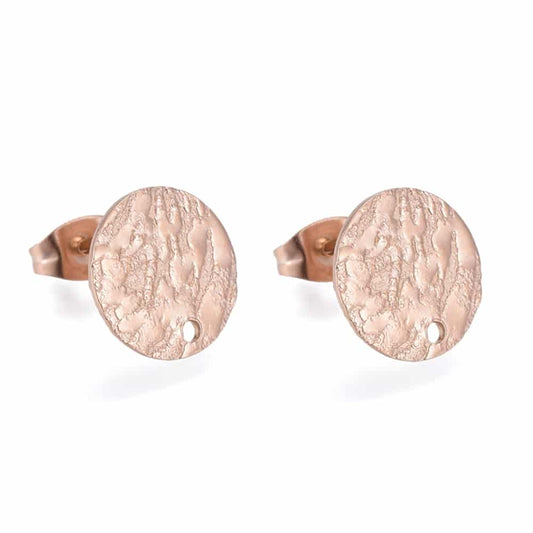E966 - 10 pcs. (5 pairs) 304 Stainless Steel Rose Gold Plated Earring Posts/Bases/Studs - 12mm Diameter - Hole Size: 1.4mm - TEXTURED - Knockdown