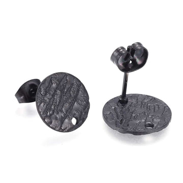 E967 - 10 pcs. (5 pairs) 304 Stainless Steel Black Earring Posts/Bases/Studs - 12mm Diameter - Hole Size: 1.4mm - TEXTURED - Knockdown