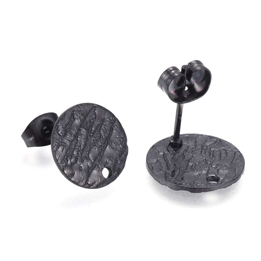 E967 - 10 pcs. (5 pairs) 304 Stainless Steel Black Earring Posts/Bases/Studs - 12mm Diameter - Hole Size: 1.4mm - TEXTURED - Knockdown