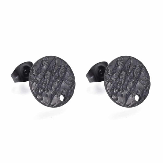 E967 - 10 pcs. (5 pairs) 304 Stainless Steel Black Earring Posts/Bases/Studs - 12mm Diameter - Hole Size: 1.4mm - TEXTURED - Knockdown