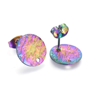 E968 - 10 pcs. (5 pairs) 304 Stainless Steel Rainbow Earring Posts/Bases/Studs - 12mm Diameter - Hole Size: 1.4mm - TEXTURED - Knockdown