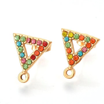 E969 - 2 pcs. 304 Stainless Steel Triangle Earring Posts with Loop - Gold Multicolor Rhinestone - 15mm - Hole: 1.5mm