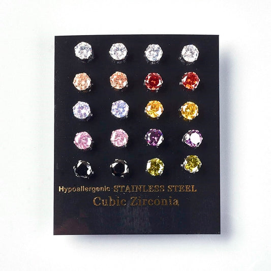 E970 - 10 pairs 304 Stainless Steel Cubic Zirconia Earrings Posts - Mix of Colors 6mm