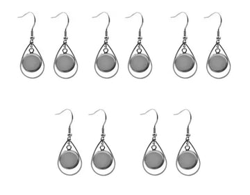 E982 - 6 pcs. 304 Stainless Steel Silver Tone Earring Dangle Hooks Settings Bezels Cabochons - 12mm Glue Pad Settings - Top Teardrop Style