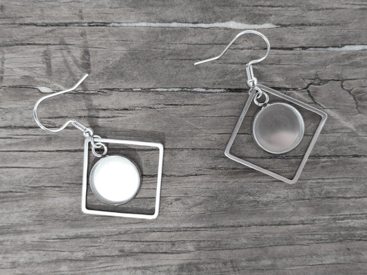 E983 - 6 pcs. 304 Stainless Steel Silver Tone Earring Dangle Hooks Settings Bezels Cabochons - 12mm Glue Pad Settings - Rhombus Style