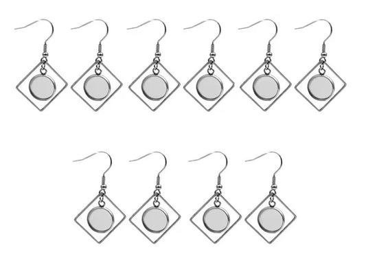 E983 - 6 pcs. 304 Stainless Steel Silver Tone Earring Dangle Hooks Settings Bezels Cabochons - 12mm Glue Pad Settings - Rhombus Style