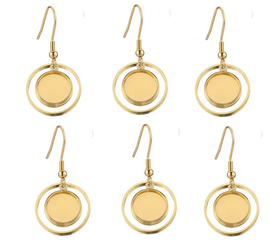E985 - 6 pcs. 304 Stainless Steel Gold Plated Earring Dangle Hooks Settings Bezels Cabochons - 12mm Glue Pad Settings - Top Ring Style