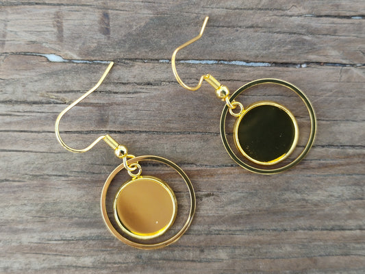 E985 - 6 pcs. 304 Stainless Steel Gold Plated Earring Dangle Hooks Settings Bezels Cabochons - 12mm Glue Pad Settings - Top Ring Style