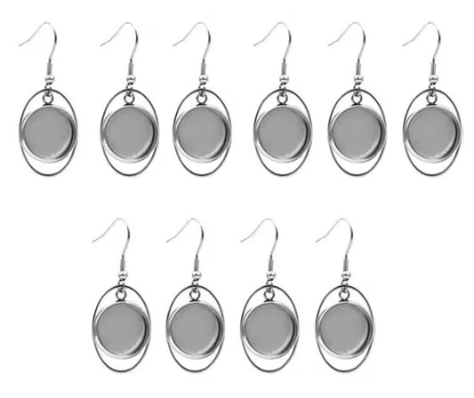E984 - 6 pcs. 304 Stainless Steel Silver Tone Earring Dangle Hooks Settings Bezels Cabochons - 12mm Glue Pad Settings - Oval Style