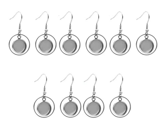 E986 - 6 pcs. 304 Stainless Steel Silver Tone Earring Dangle Hooks Settings Bezels Cabochons - 12mm Glue Pad Settings - Top Ring Style