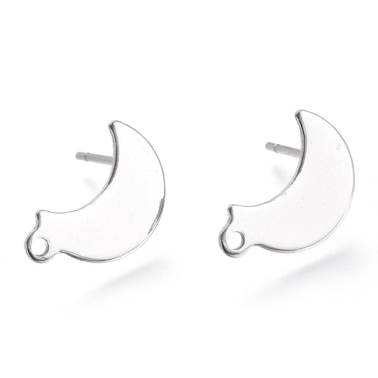 E989 - 10 pcs. (5 pairs) 304 Stainless Steel Moon Earring Posts/Bases/Studs/Settings with Backs - 15mm x 10mm - Hole for Dangles - Hypoallergenic