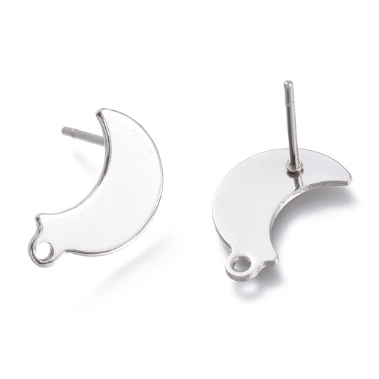 E989 - 10 pcs. (5 pairs) 304 Stainless Steel Moon Earring Posts/Bases/Studs/Settings with Backs - 15mm x 10mm - Hole for Dangles - Hypoallergenic