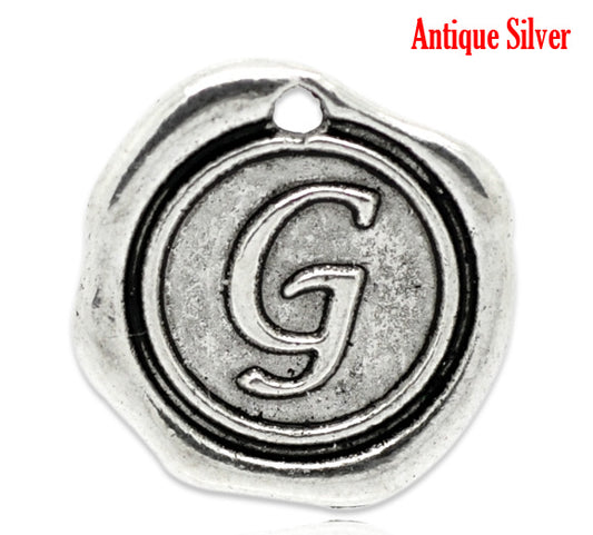 P970 - 5pcs. Antique Silver LARGE Letter "G" Alphabet Letter - 18mm x 18mm - Wax Design