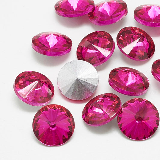 GC009 - 10 pcs. Glass Rhinestone Faceted Rhinestone Cabochons - Pointed Back - 12mm - Solid - Pink