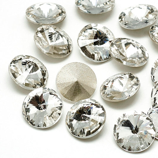GC012 - 10 pcs. Glass Rhinestone Faceted Rhinestone Cabochons - Pointed Back - 12mm - Solid - Clear