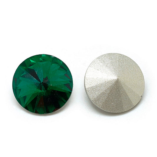 GC013 - 10 pcs. Glass Rhinestone Faceted Rhinestone Cabochons - Pointed Back - 12mm - Solid - Green
