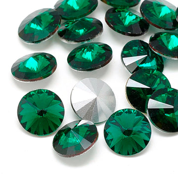 GC013 - 10 pcs. Glass Rhinestone Faceted Rhinestone Cabochons - Pointed Back - 12mm - Solid - Green