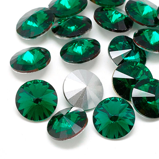 GC013 - 10 pcs. Glass Rhinestone Faceted Rhinestone Cabochons - Pointed Back - 12mm - Solid - Green