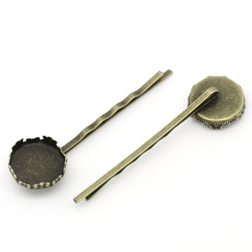 H030 - 10 pcs. - Antique Bronze Hair Bobby Pins Cabochons Bezels - 62mm x 17mm  (2.45" x 0.67") - 16mm Glue Pad