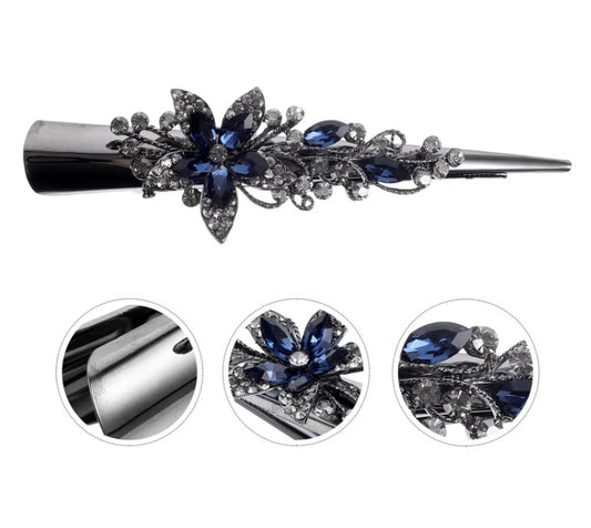 H078 - 1 pc Blue Rhinestone Silver Tone Pelican Beak Clip - 130mm (5.15") - LARGE - With teeth for better hold!