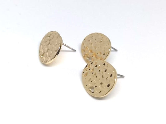 E232 - 10 pcs. (5 pairs) Golden Earring Posts/Bases/Studs/Settings - Hammered Style - Oval - 16mm x 13mm Glue Pad - Hole Size: 1.5mm