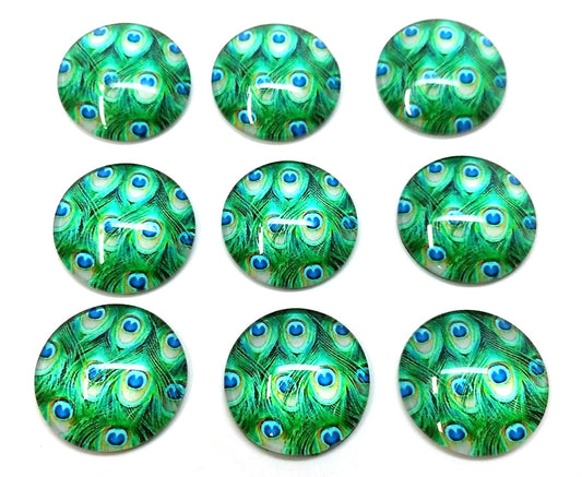 GT016 - 5 pcs Circle Feather Glass Round Dome Seals Tiles Cabochons - 25mm (1 inch) - Green Peacock