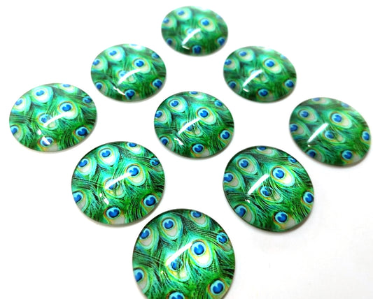 GT016 - 5 pcs Circle Feather Glass Round Dome Seals Tiles Cabochons - 25mm (1 inch) - Green Peacock