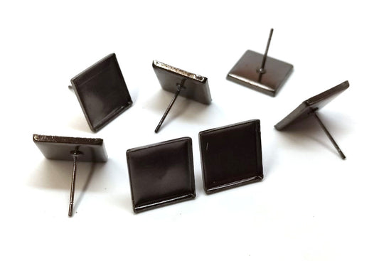 E174 - 10 pcs. Gunmetal Square Earring Posts Studs Settings Bezels Cabochons Tacks- 12mm x 12mm Glue Pad Setting - Smooth Frame