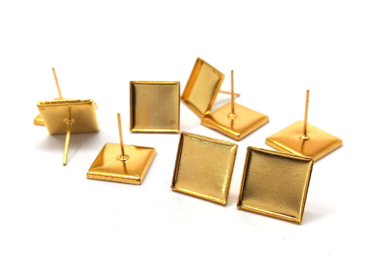 E159 - 10 pcs. Gold Plated Square Earring Posts Studs Settings Bezels Cabochons Tacks- 12mm x 12mm Glue Pad Setting - Smooth Frame