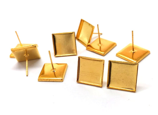 E159 - 10 pcs. Gold Plated Square Earring Posts Studs Settings Bezels Cabochons Tacks- 12mm x 12mm Glue Pad Setting - Smooth Frame