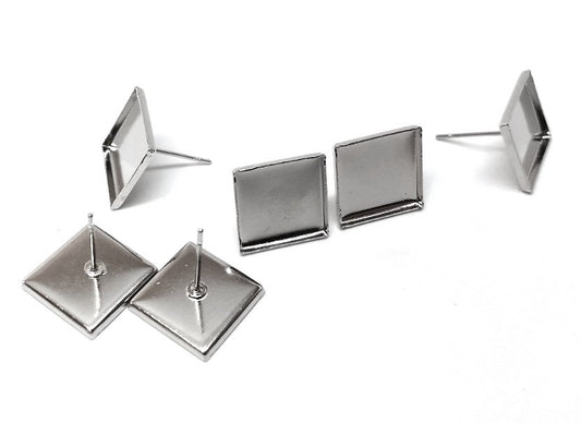 E113 - 10 pcs. Silver Tone Square Earring Posts Studs Settings Bezels Cabochons Tacks - 12mm x 12mm Glue Pad Setting - Smooth Frame