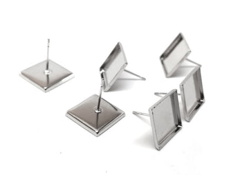 E113 - 10 pcs. Silver Tone Square Earring Posts Studs Settings Bezels Cabochons Tacks - 12mm x 12mm Glue Pad Setting - Smooth Frame