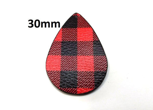 P223 - 10 pcs. Black and Red Faux Leather Dangle Pendants - Teardrop - Gingham - Buffalo Check - 30mm (1.2") - Great for Earrings! Double-Sided - S