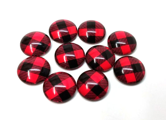 CA362 - 10 pcs. Buffalo Check - Red and Black - Circle Glass Round Dome Seals Tiles Cabochons - 12mm