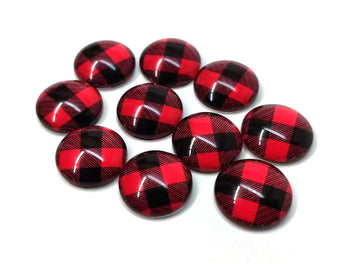 CA362 - 10 pcs. Buffalo Check - Red and Black - Circle Glass Round Dome Seals Tiles Cabochons - 12mm