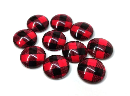 CA362 - 10 pcs. Buffalo Check - Red and Black - Circle Glass Round Dome Seals Tiles Cabochons - 12mm