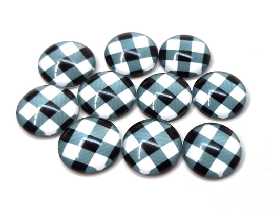 CA360 - 10 pcs. Buffalo Check - White and Black - Circle Glass Round Dome Seals Tiles Cabochons - 12mm
