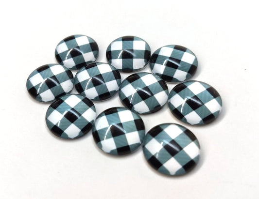 CA360 - 10 pcs. Buffalo Check - White and Black - Circle Glass Round Dome Seals Tiles Cabochons - 12mm