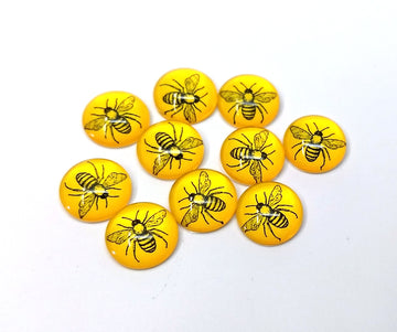 CA352  - 10 pcs Circle Bee Glass Round Dome Seals Tiles Cabochons - 12mm - Yellow