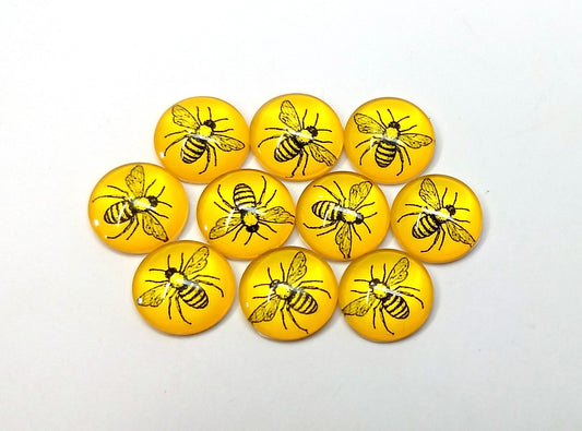 CA352  - 10 pcs Circle Bee Glass Round Dome Seals Tiles Cabochons - 12mm - Yellow