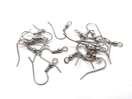 E210 - 144 pcs (1 gross) 316 Stainless Steel Silver Tone French Earring Hooks with Spring and Ball - 20mm - 3mm Ball - 21 Gauge (0.7mm Thick)