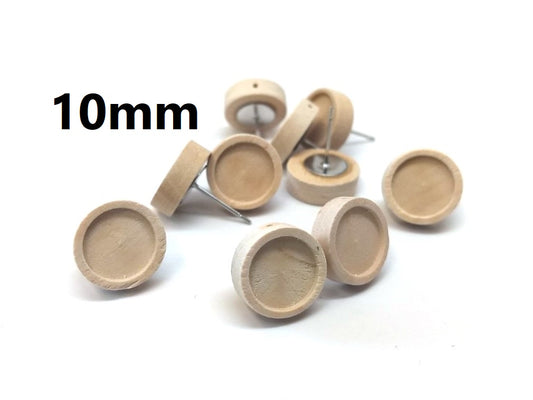 E034 - 10 pcs. Stainless Steel Earring Posts Studs Settings Bezels Cabochons Tacks - 10mm Glue Pad Setting - Silver Tone - Wood Bezel - with Hole