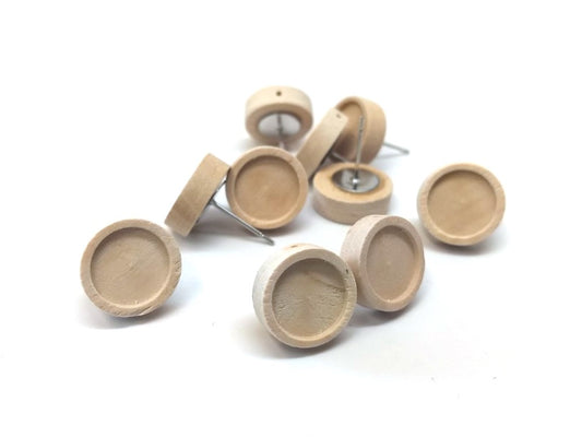 E201 - 10 pcs. Stainless Steel Earring Posts Studs Settings Bezels Cabochons Tacks - 12mm Glue Pad Setting - Silver Tone - Wood Bezel - with Hole