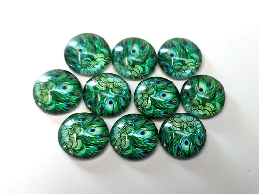P801 - 10 pcs Circle Peacock Glass Round Dome Seals Tiles Cabochons - 12mm - Green