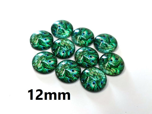 P801 - 10 pcs Circle Peacock Glass Round Dome Seals Tiles Cabochons - 12mm - Green