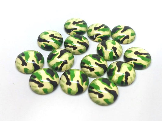 GT001 - 10 pcs Circle Camouflage Pattern Glass Round Dome Seals Tiles Cabochons - 12mm - Green Yellow