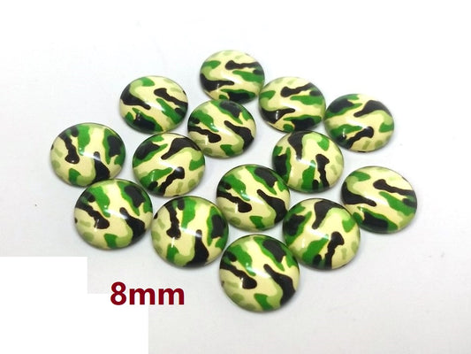 GT010 - 10 pcs Circle Camouflage Pattern Glass Round Dome Seals Tiles Cabochons - 8mm - Green Yellow
