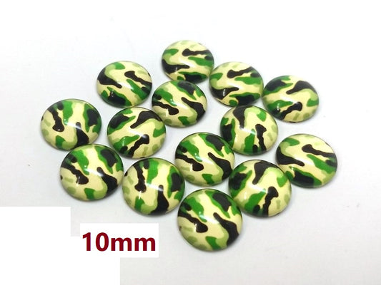 GT013 - 10 pcs Circle Camouflage Pattern Glass Round Dome Seals Tiles Cabochons - 10mm - Green Yellow