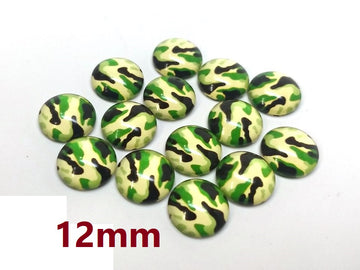 GT001 - 10 pcs Circle Camouflage Pattern Glass Round Dome Seals Tiles Cabochons - 12mm - Green Yellow