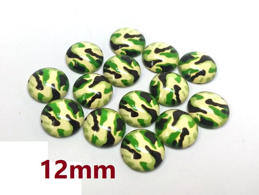 GT001 - 10 pcs Circle Camouflage Pattern Glass Round Dome Seals Tiles Cabochons - 12mm - Green Yellow